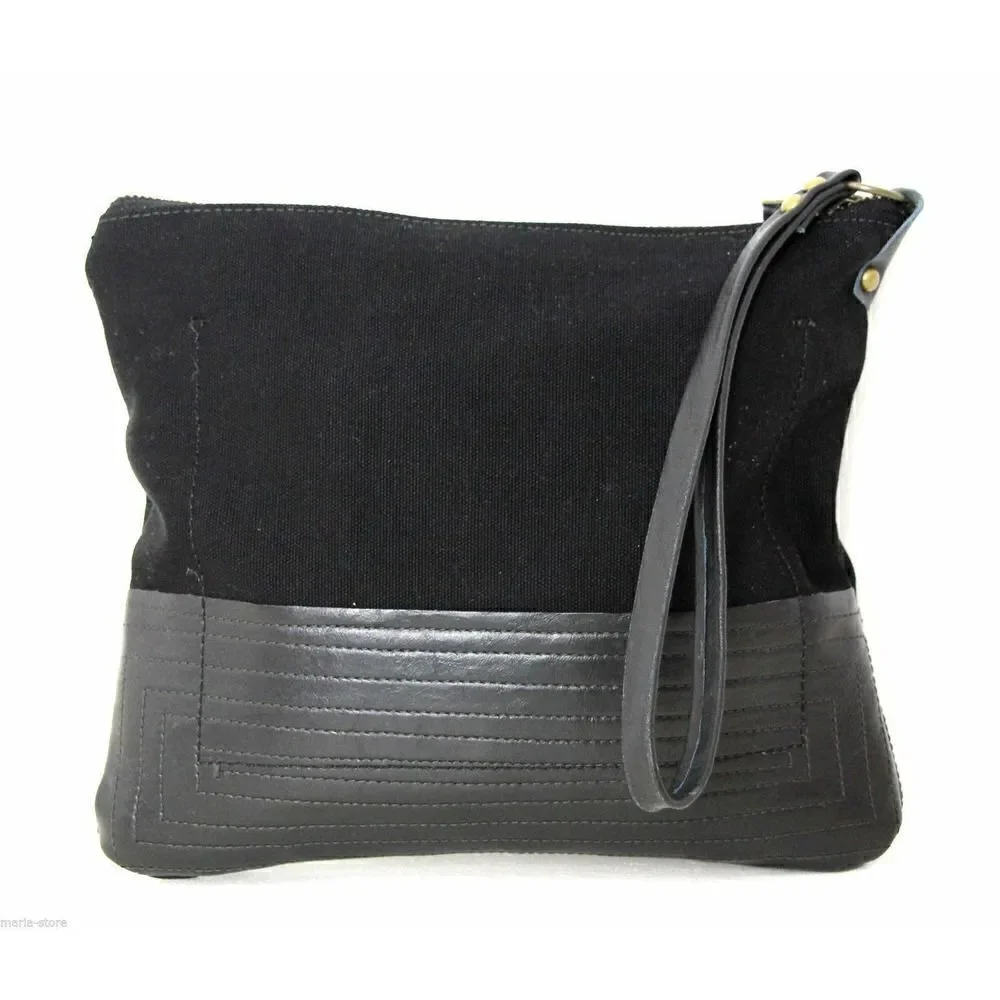 LARGE REBEL HANDMADE MURKA BLACK CANVAS RED STAR LEATHER WRISTLET CLUTCH HANDBAG